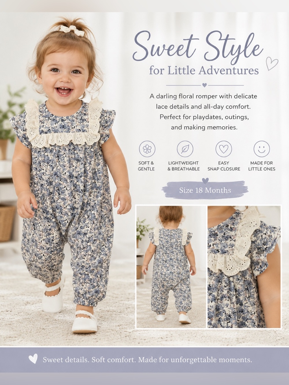 NWT Jessica Simpson Baby Girl Blue Floral Lace Romper One-Piece Size 18M